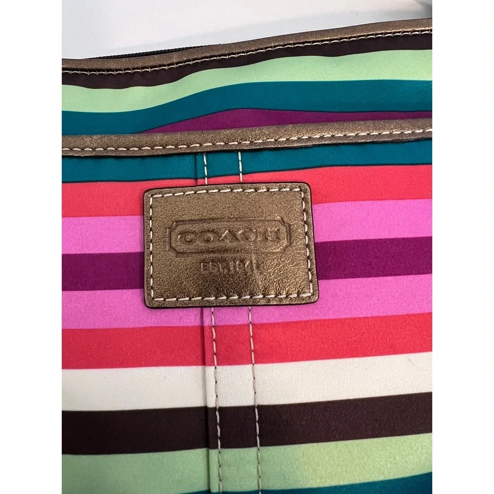 Coach Multi Color Striped Satin Crossbody Bag Bronze Leather Trim 1941 Brass